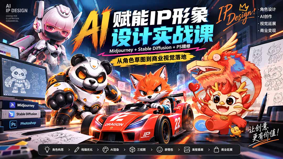 AI赋能IP形象设计实战课-无水印:Midjourney+Stable Diffusion+PS精修,从角色草图到商业视觉落地-站长V课