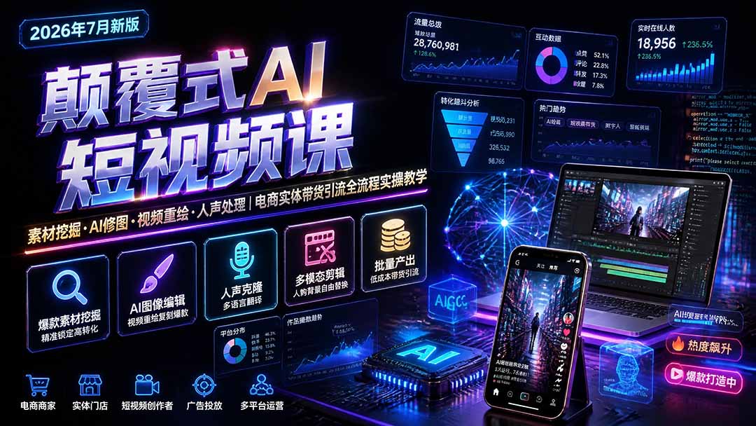 颠覆式AI短视频课-更新｜素材挖掘，AI修图，视频重绘，人声处理｜电商实体带货引流全流程实操教学-站长V课
