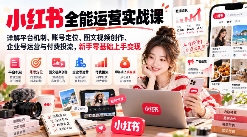 小红书全能运营实战课，详解平台机制、账号定位、图文视频创作、企业号运营与付费投流，新手零基础上手变现-站长V课