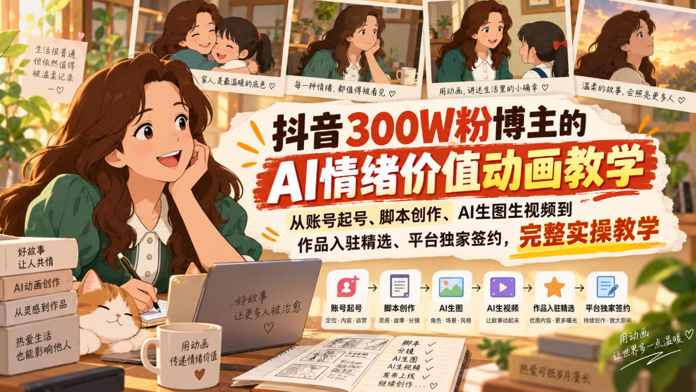 抖音300W粉博主的AI情绪价值动画教学，从账号起号、脚本创作、AI生图生视频到作品入驻精选、平台独家签约，完整实操-站长V课