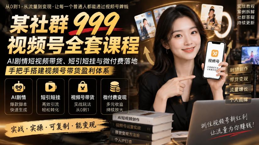某社群999视频号全套课程，AI剧情短视频带货、短引短挂与微付费落地，手把手搭建视频号带货盈利体系-站长V课