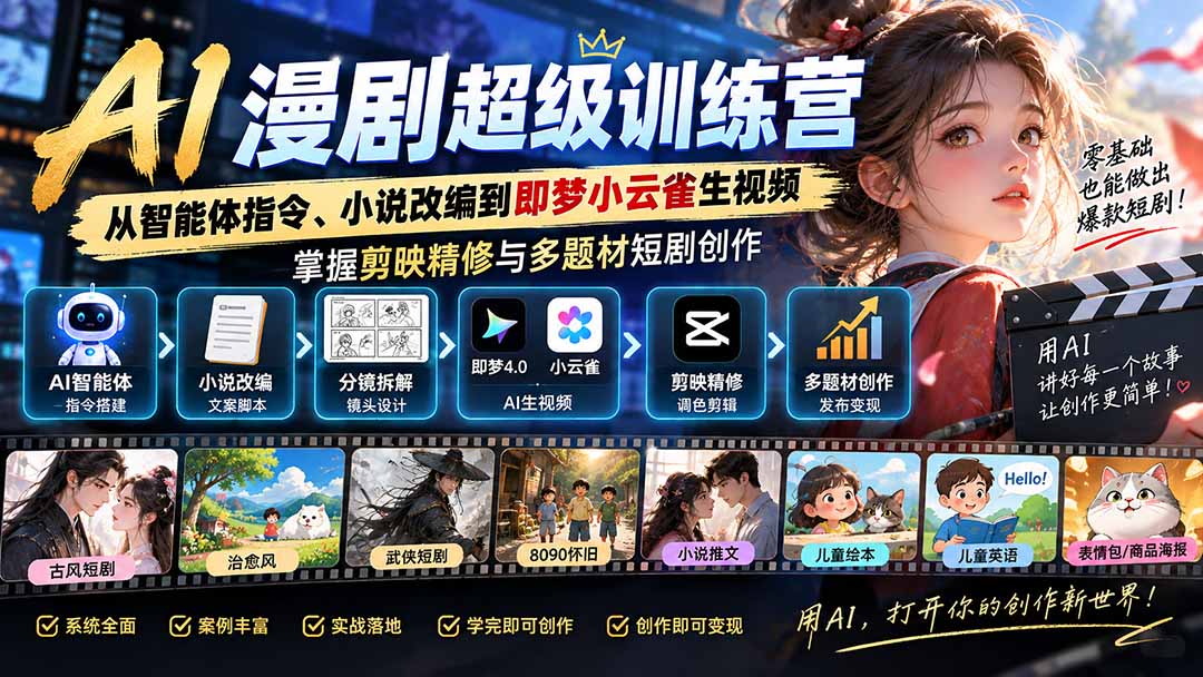 AI漫剧超级特训营：从智能体指令、小说改编到即梦小云雀生视频，掌握剪映精修与多题材短剧创作-站长V课