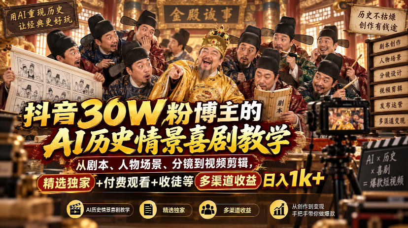 抖音30W粉博主的AI历史情景喜剧教学，从剧本、人物场景、分镜到视频剪辑，精选独家+付费观看+收徒等多渠道收益日入1k+-站长V课