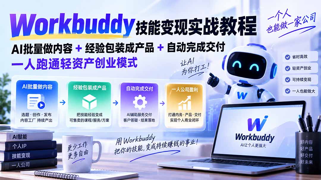 Workbuddy技能变现实战教程：AI批量做内容+经验包装成产品+自动完成交付，一人跑通轻资产创业模式-站长V课