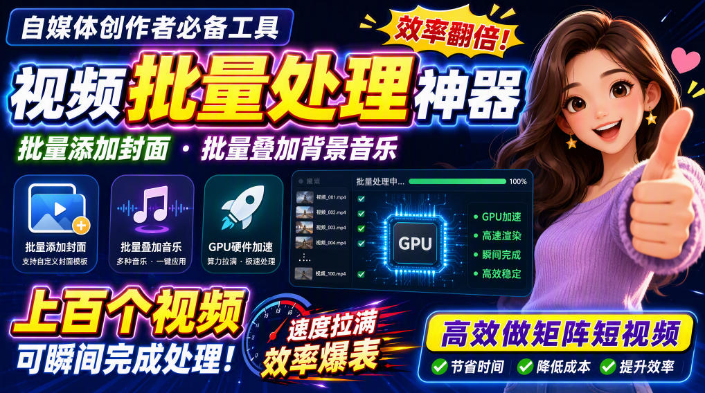 视频批量加封面，把封面添加到视频第一帧，不用剪辑软件批量添加-站长V课