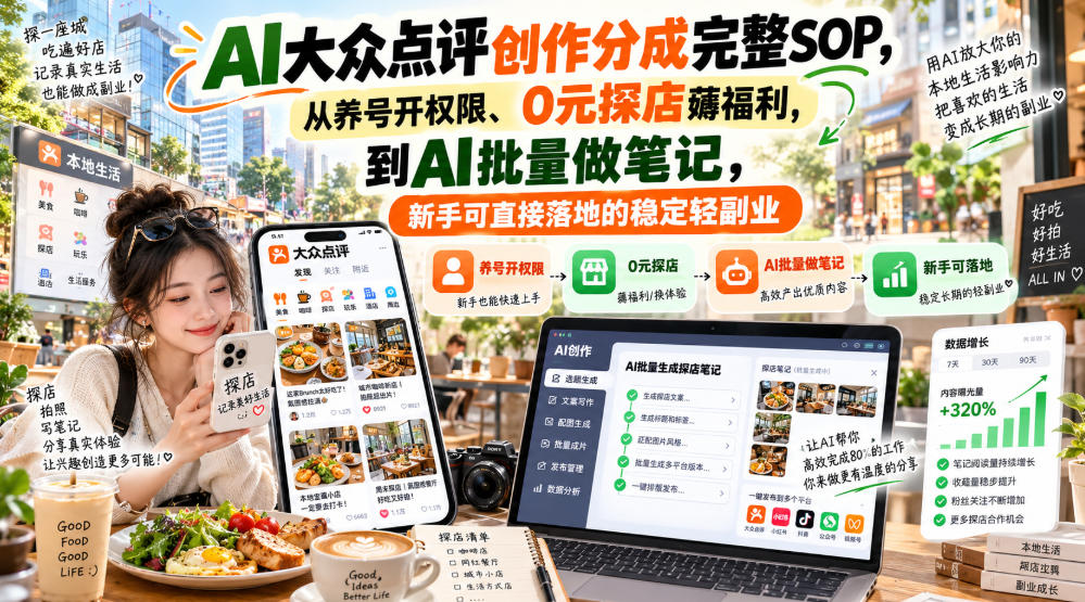 【无水印】AI大众点评创作分成完整SOP,从养号开权限、0元探店薅福利,到AI批量做笔记,新手可直接落地的稳定轻副业-站长V课
