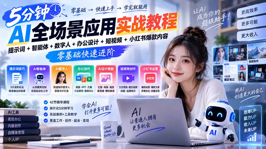 AI全场景应用实战教程｜提示词+智能体+数字人+办公设计+短视频+小红书爆款内容，零基础快速进阶-站长V课
