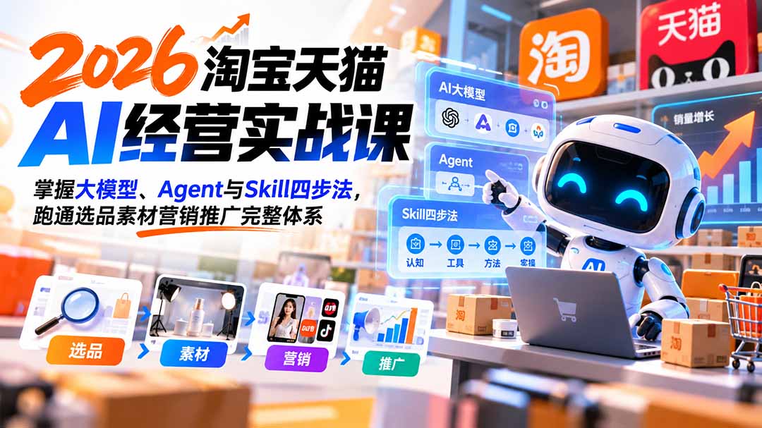 【无水印】2026淘宝天猫AI经营实战课:掌握大模型、Agent与Skill四步法,跑通选品素材营销推广完整体系-站长V课