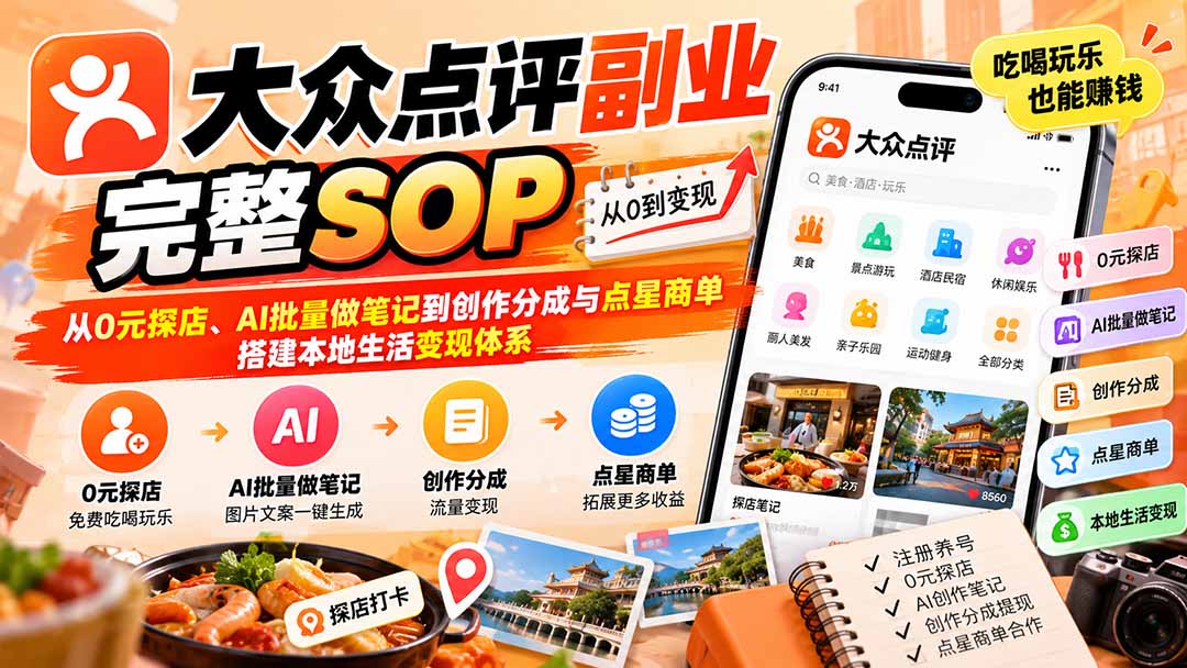 【无水印】大众点评副业完整SOP:从0元探店、AI批量做笔记到创作分成与点星商单,搭建本地生活变现体系-站长V课