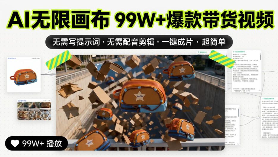 AI无限画布99W+爆款带货视频，无需写提示词·无需配音剪辑·一键成片·超简单-站长V课