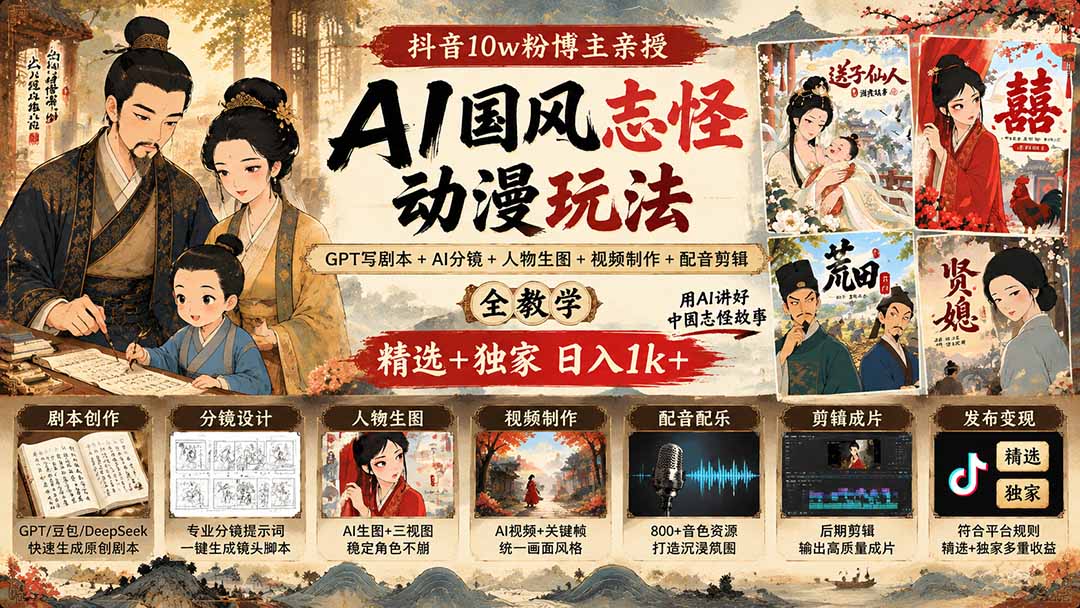 抖音10w粉博主亲授AI国风志怪动漫玩法|GPT写剧本+AI分镜+人物生图+视频制作+配音剪辑全教学|精选+独家日入1k+-站长V课