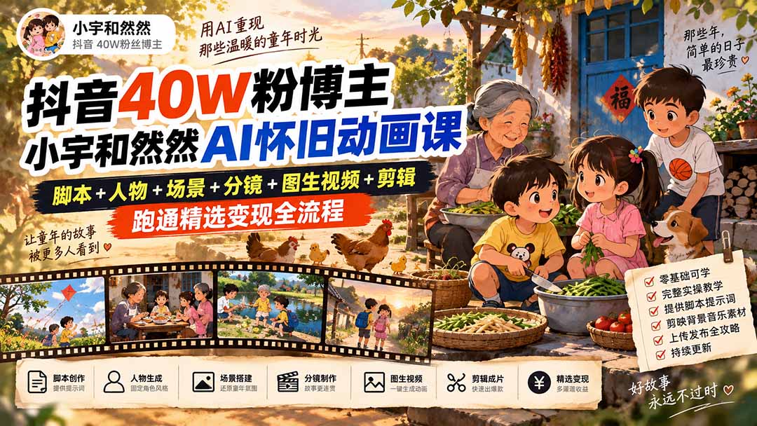 抖音40W粉博主小宇和然然AI怀旧动画课|脚本+人物+场景+分镜+图生视频+剪辑,跑通精选变现全流程-站长V课