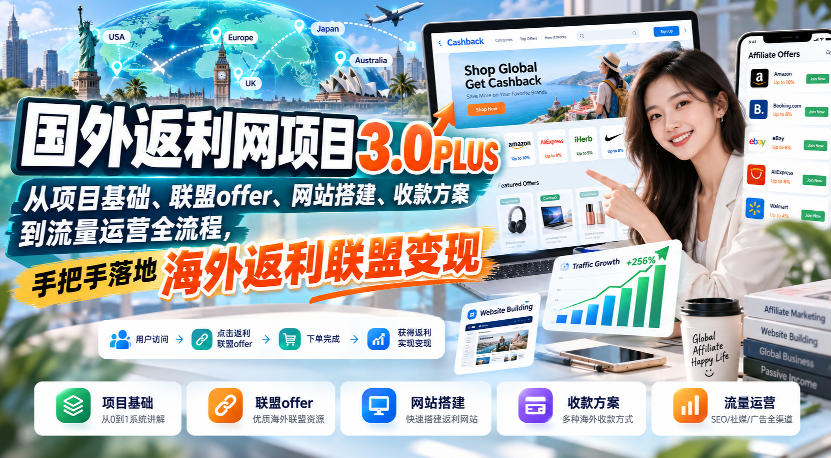 国外返利网项目3.0PLUS,从项目基础、联盟offer、网站搭建、收款方案到流量运营全流程,手把手落地海外返利联盟变现-站长V课