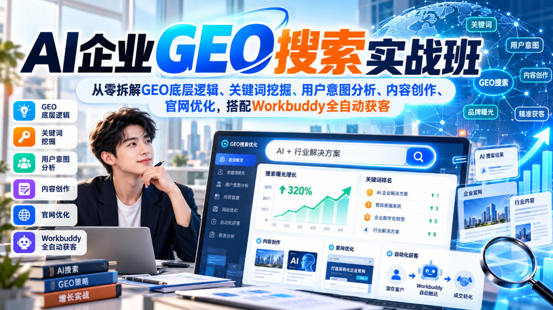 AI企业GEO搜索实战班，从零拆解GEO底层逻辑、关键词挖掘、用户意图分析、内容创作、官网优化，搭配Workbuddy全自动获客-站长V课