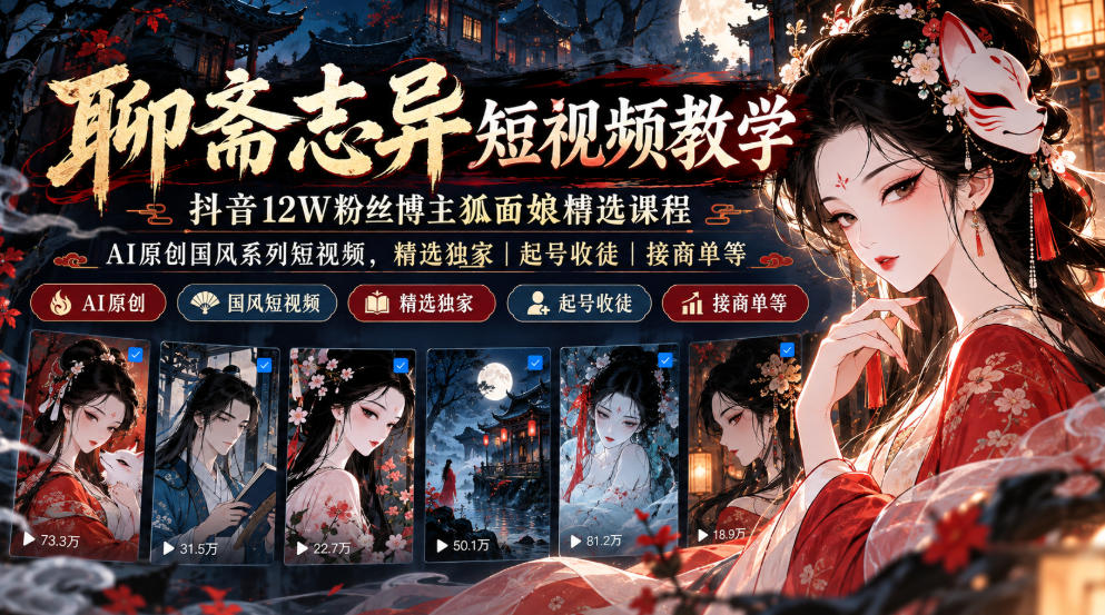 聊斋志异短视频教学,抖音12W粉丝博主狐面娘精选课程,AI原创国风系列短视频,精选独家丨起号收徒丨接商单等-站长V课