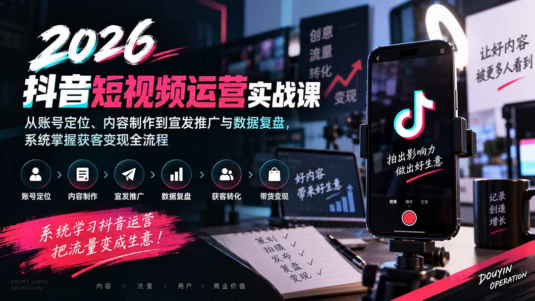 2026抖音短视频运营实战课：从账号定位、内容制作到宣发推广与数据复盘，系统掌握获客变现全流程-站长V课