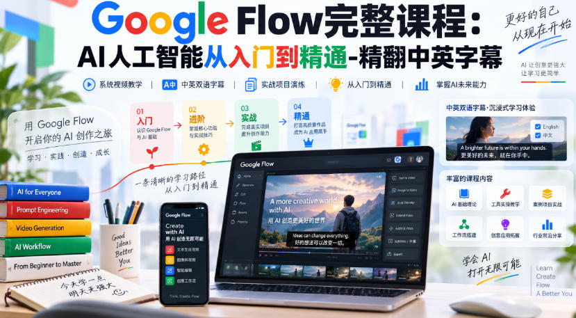 【无水印】Google Flow完整课程：AI人工智能从入门到精通-精翻中英字幕-站长V课