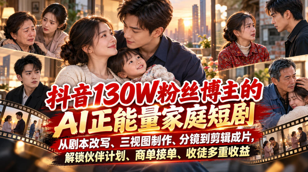 抖音130W粉丝博主的AI正能量家庭短剧,从剧本改写、三视图制作、分镜到剪辑成片,解锁伙伴计划、商单接单、收徒多重收益-站长V课