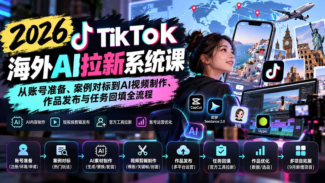 【无水印】2026 TikTok海外AI拉新系统课:从账号准备、案例对标到AI视频制作、作品发布与任务回填全流程-站长V课