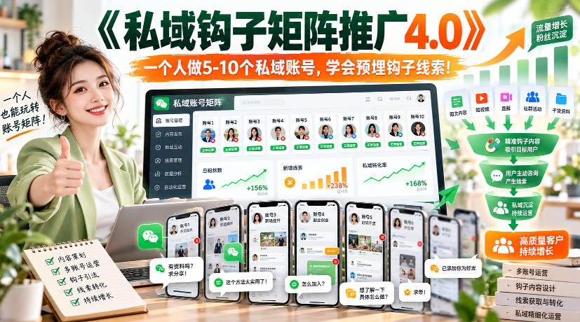 【无水印】《私域钩子矩阵推广4.0》一个人做5-10个私域账号,学会预埋钩子线索!-站长V课