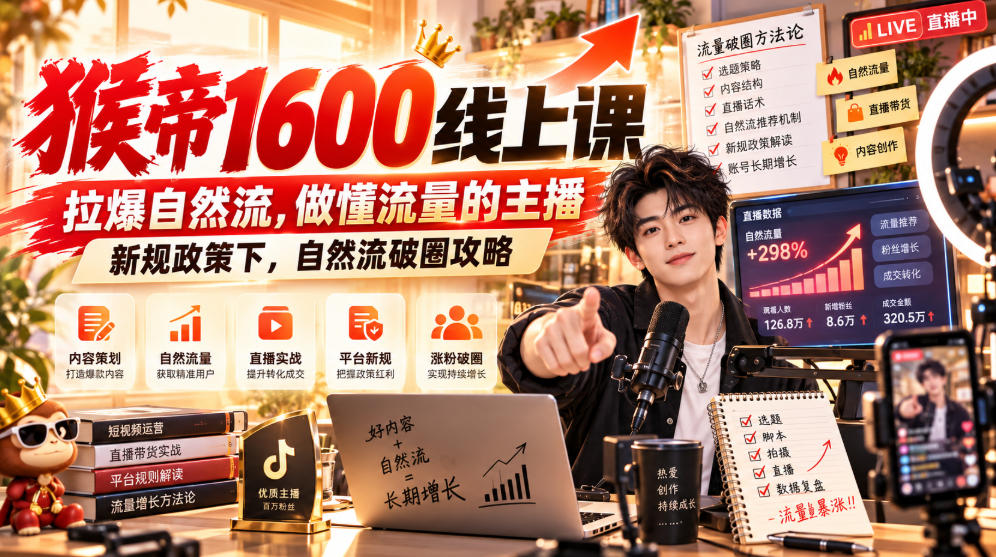 猴帝1600线上课，拉爆自然流，做懂流量的主播，新规政策下，自然流破圈攻略【更新260926】-站长V课
