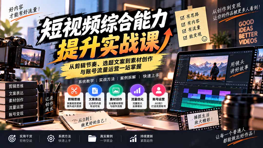 短视频综合能力提升实战课：从剪辑节奏、选题文案到素材创作与账号流量运营一站掌握-站长V课