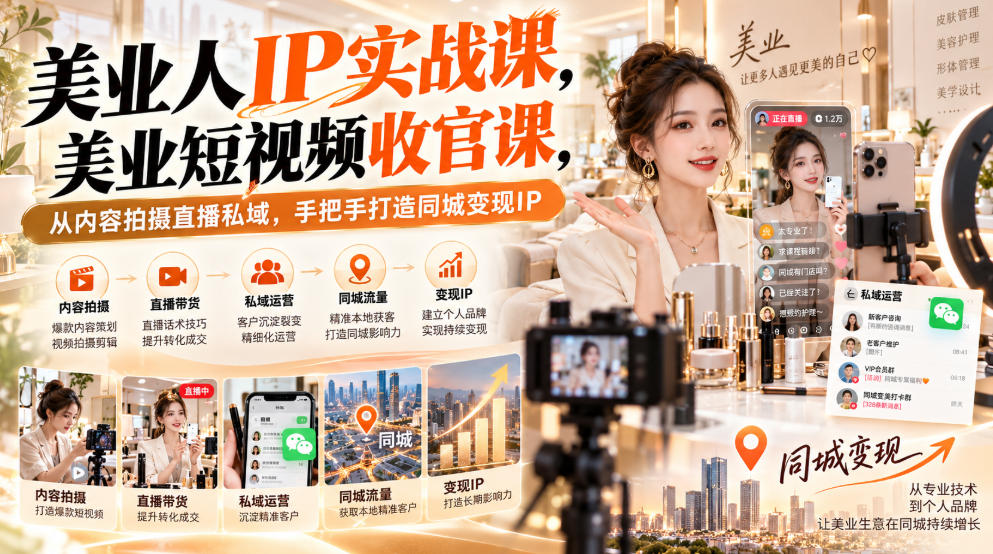 【无水印】美业人IP实战课,美业短视频收官课,从内容拍摄直播私域,手把手打造同城变现IP-站长V课