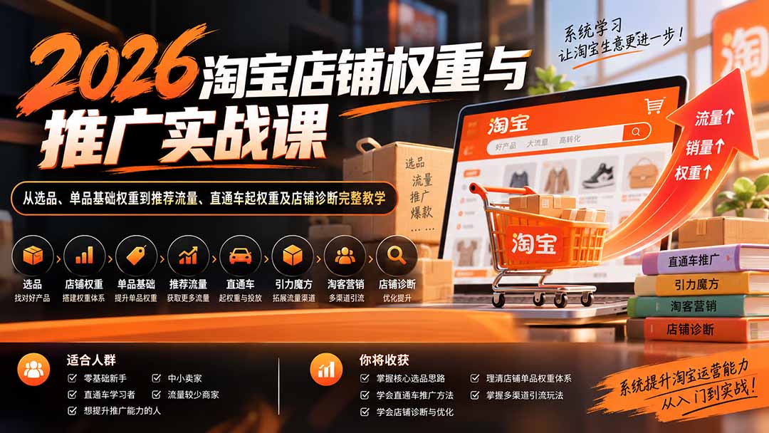 2026淘宝店铺权重与推广实战课：从选品、单品基础权重到推荐流量、直通车起权重及店铺诊断完整教学-站长V课