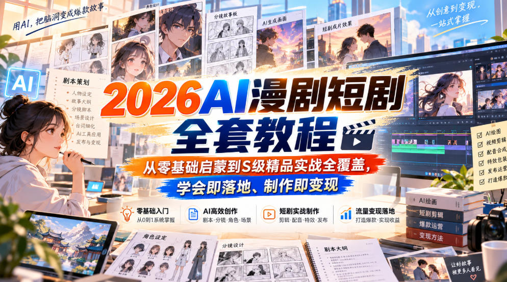 2026AI漫剧短剧全套教程,从零基础启蒙到S级精品实战全覆盖,学会即落地、制作即变现-站长V课