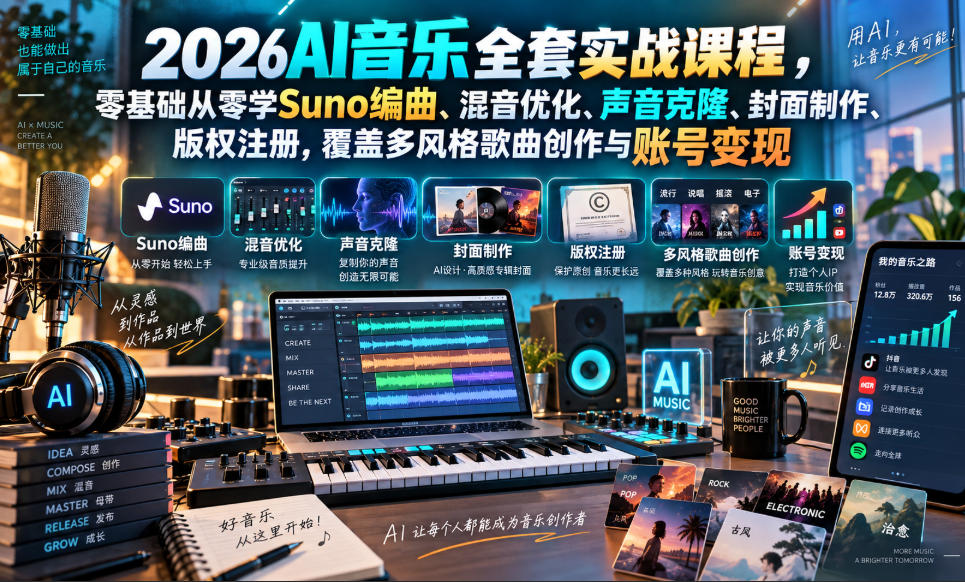 2026AI音乐实战课程,零基础从零学Suno编曲、混音优化、声音克隆、版权注册,覆盖多风格歌曲创作与账号变现(更新0924)-站长V课