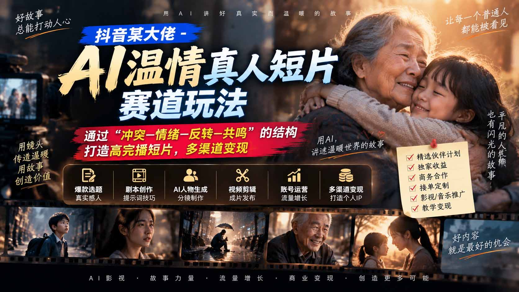 抖音某大佬-AI温情真人短片赛道玩法:通过“冲突—情绪—反转—共鸣”的结构打造高完播短片,多渠道变现-站长V课
