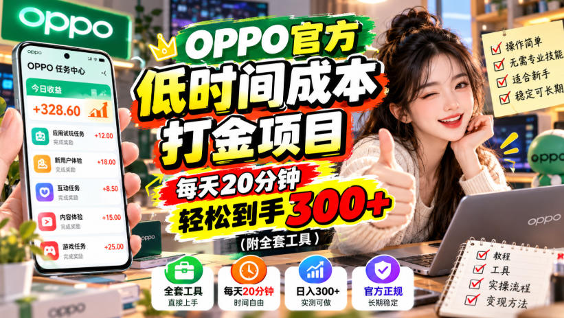 OPPO官方低时间成本打金项目，每天20分钟，轻松到手300+(附全套工具)【揭秘】-站长V课