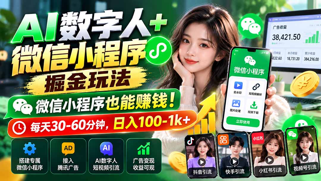 AI数字人+微信小程序掘金玩法:微信小程序也能赚钱!每天30-60分钟,日入100-1k+-站长V课