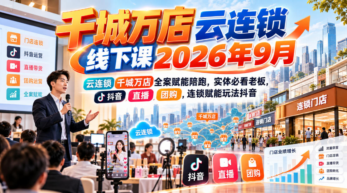 千城万店云连锁线下课2026年9月,云连锁千城万店全案赋能陪跑,实体必看老板,抖音,直播,团购,连锁赋能玩法抖音-站长V课
