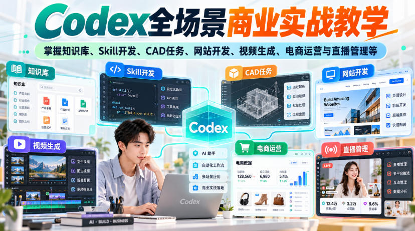 【无水印】Codex全场景商业实战教学,掌握知识库、Skill开发、CAD任务、网站开发、视频生成、电商运营与直播管理等-站长V课