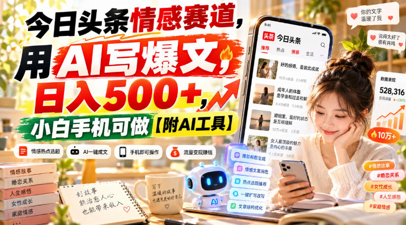 今日头条情感赛道,用AI写爆文,日入500+,小白手机可做【附AI工具】-站长V课