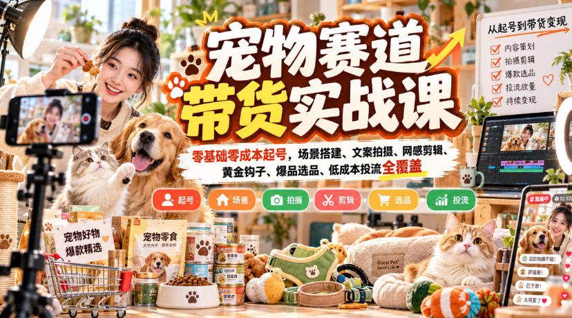 宠物赛道带货实战课,零基础零成本起号,场景搭建、文案拍摄、网感剪辑、黄金钩子、爆品选品、低成本投流全覆盖-站长V课