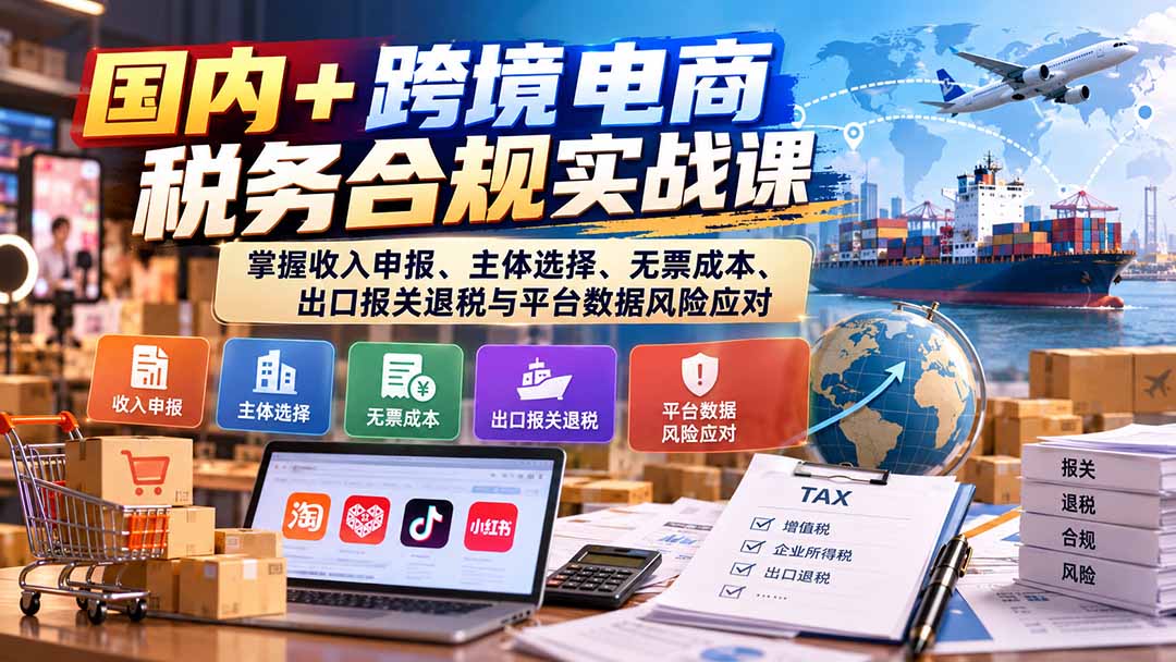 国内+跨境电商税务合规实战课:掌握收入申报、主体选择、无票成本、出口报关退税与平台数据风险应对-站长V课