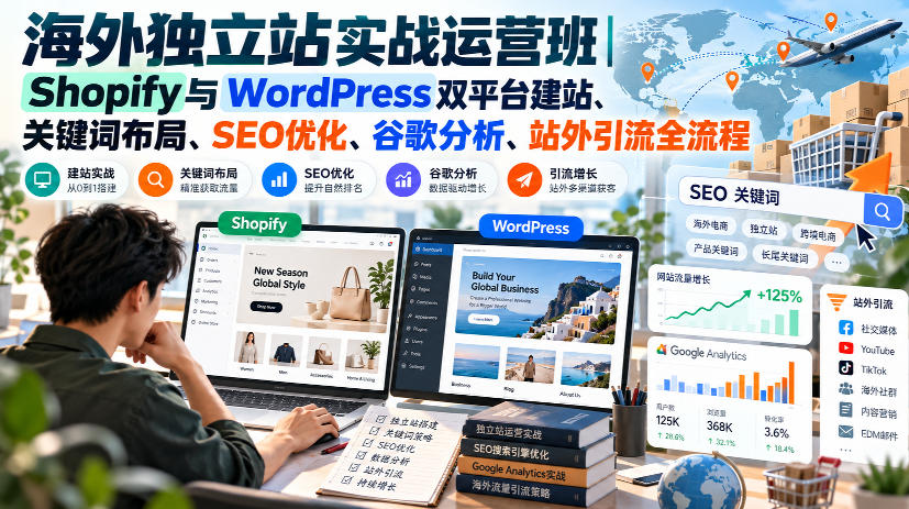 海外独立站实战运营班|Shopify与WordPress双平台建站、关键词布局、SEO优化、谷歌分析、站外引流全流程-站长V课