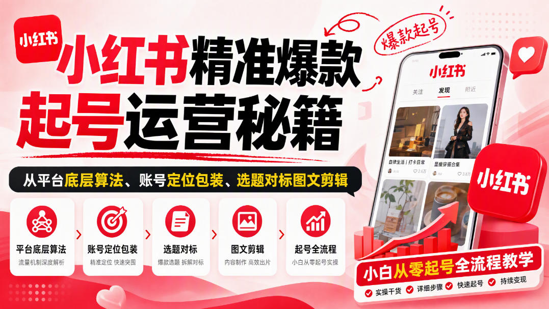 小红书精准爆款起号运营秘籍,从平台底层算法、账号定位包装、选题对标图文剪辑,小白从零起号全流程-站长V课