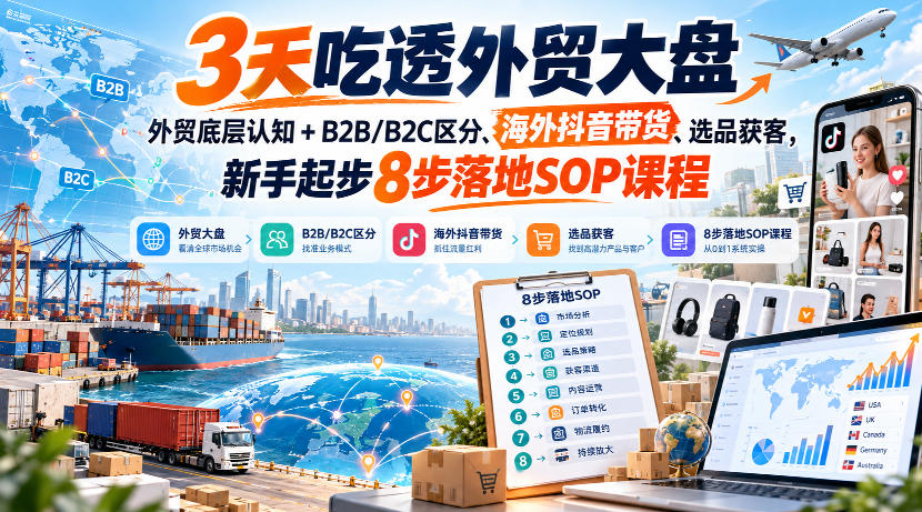 3天吃透外贸大盘,外贸底层认知+B2B/B2C区分、海外抖音带货、选品获客,新手起步8步落地SOP课程-站长V课