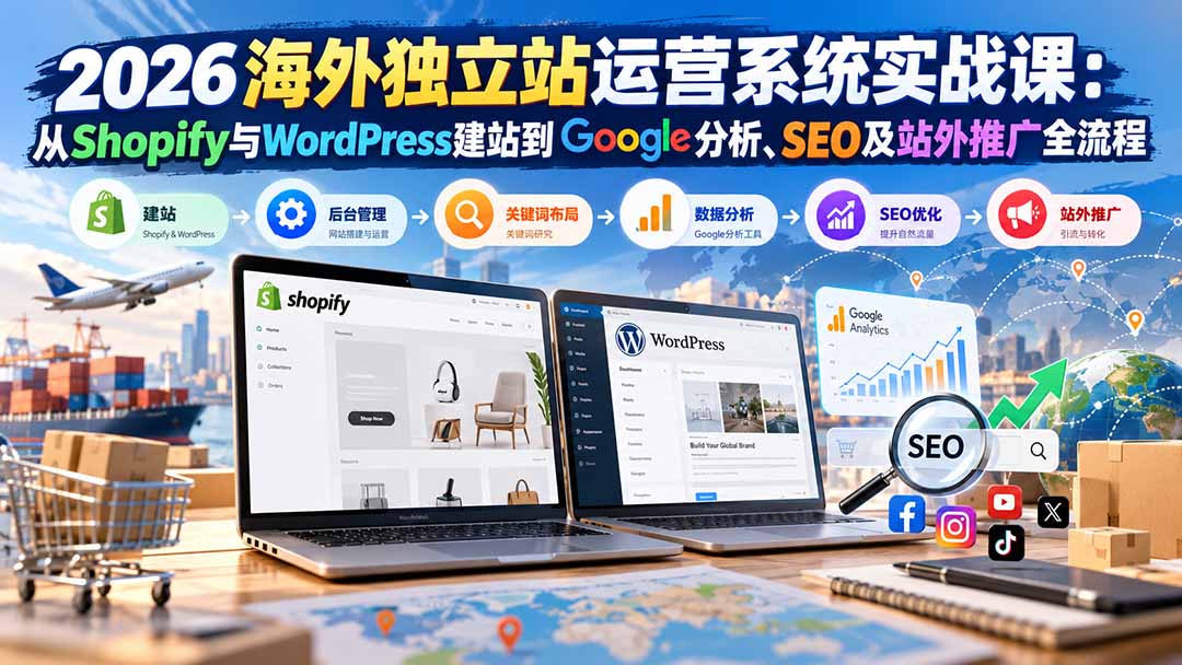 2026海外独立站运营系统实战课:从Shopify与WordPress建站到Google分析、SEO及站外推广全流程-站长V课