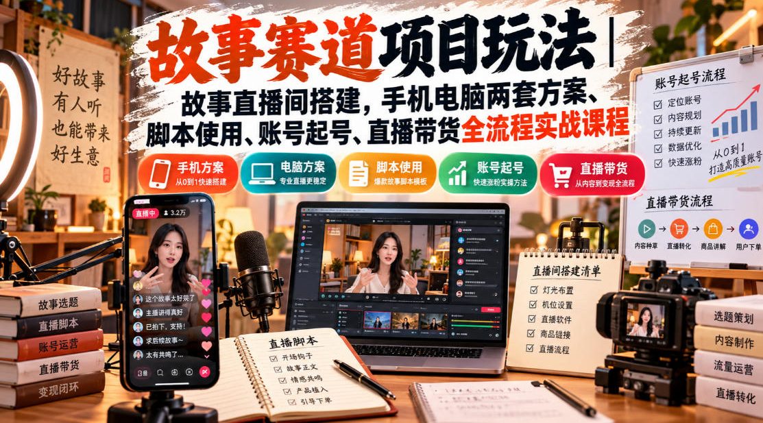 故事赛道项目玩法|故事直播间搭建,手机电脑两套方案、脚本使用、账号起号、直播带货全流程实战课程-站长V课