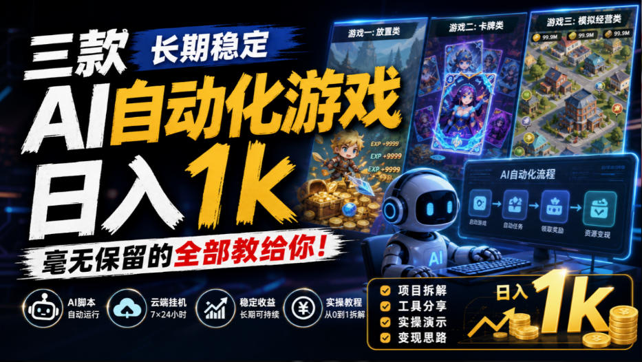 三款长期稳定AI自动化游戏,日入1k,毫无保留的全部教给你!【揭秘】-站长V课