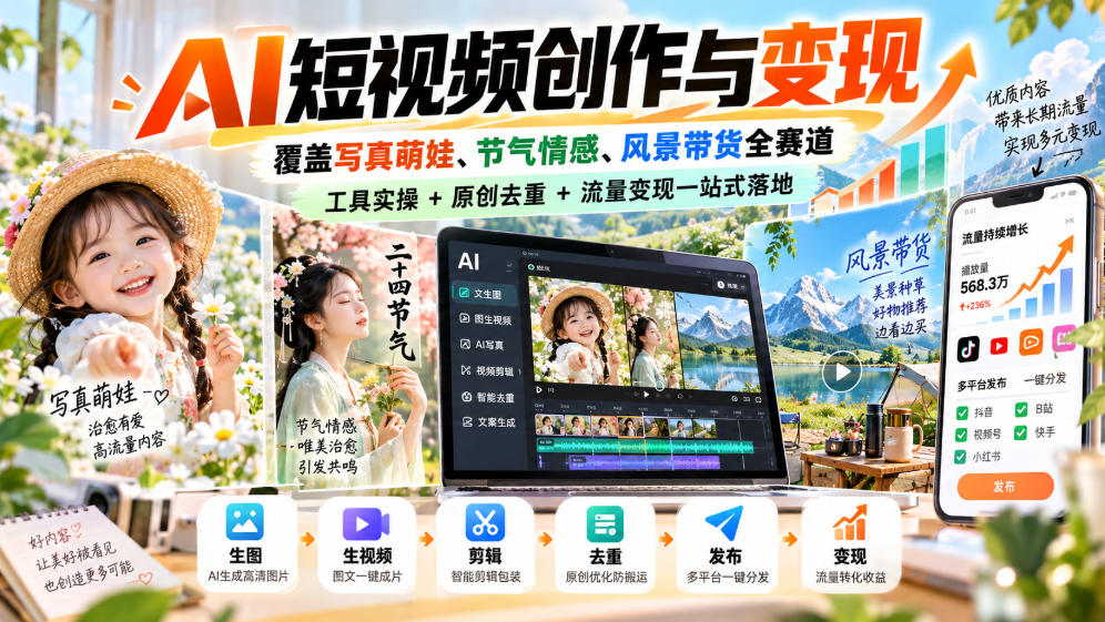 AI短视频创作与变现,覆盖写真萌娃、节气情感、风景带货全赛道,工具实操+原创去重+流量变现一站式落地-站长V课