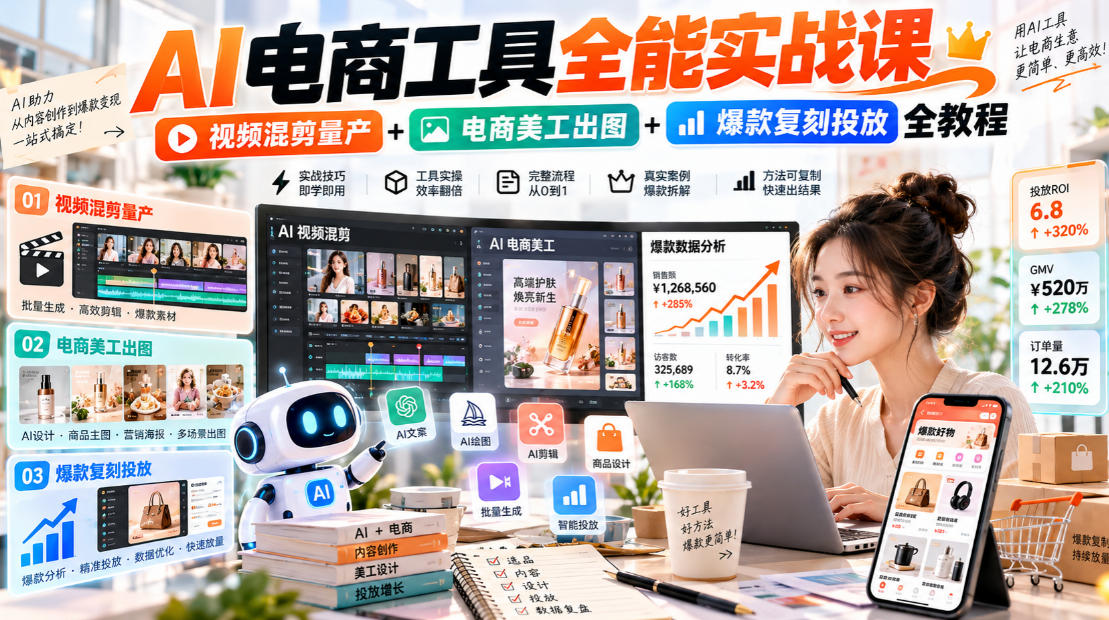 AI电商工具全能实战教学，视频混剪量产+电商美工出图+爆款复刻投放全教程​-站长V课