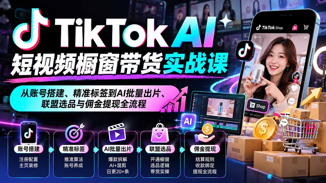 TikTok AI短视频橱窗带货实战课:从账号搭建、精准标签到AI批量出片、联盟选品与佣金提现全流程-站长V课