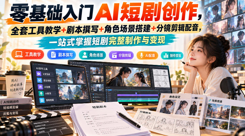 零基础入门AI短剧创作,全套工具教学+剧本撰写+角色场景搭建+分镜剪辑配音,一站式掌握短剧完整制作与变现-站长V课