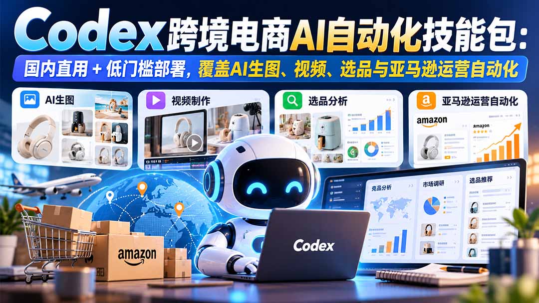 【无水印】Codex跨境电商AI自动化技能包:国内直用+低门槛部署,覆盖AI生图、视频、选品与亚马逊运营自动化-站长V课