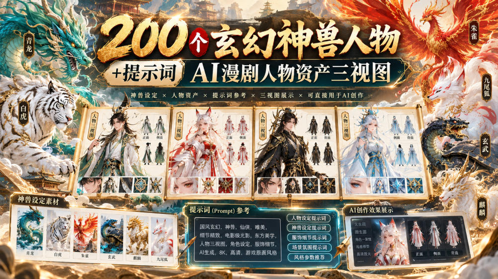 200个玄幻神兽人物+提示词ai漫剧人物资产三视图-站长V课